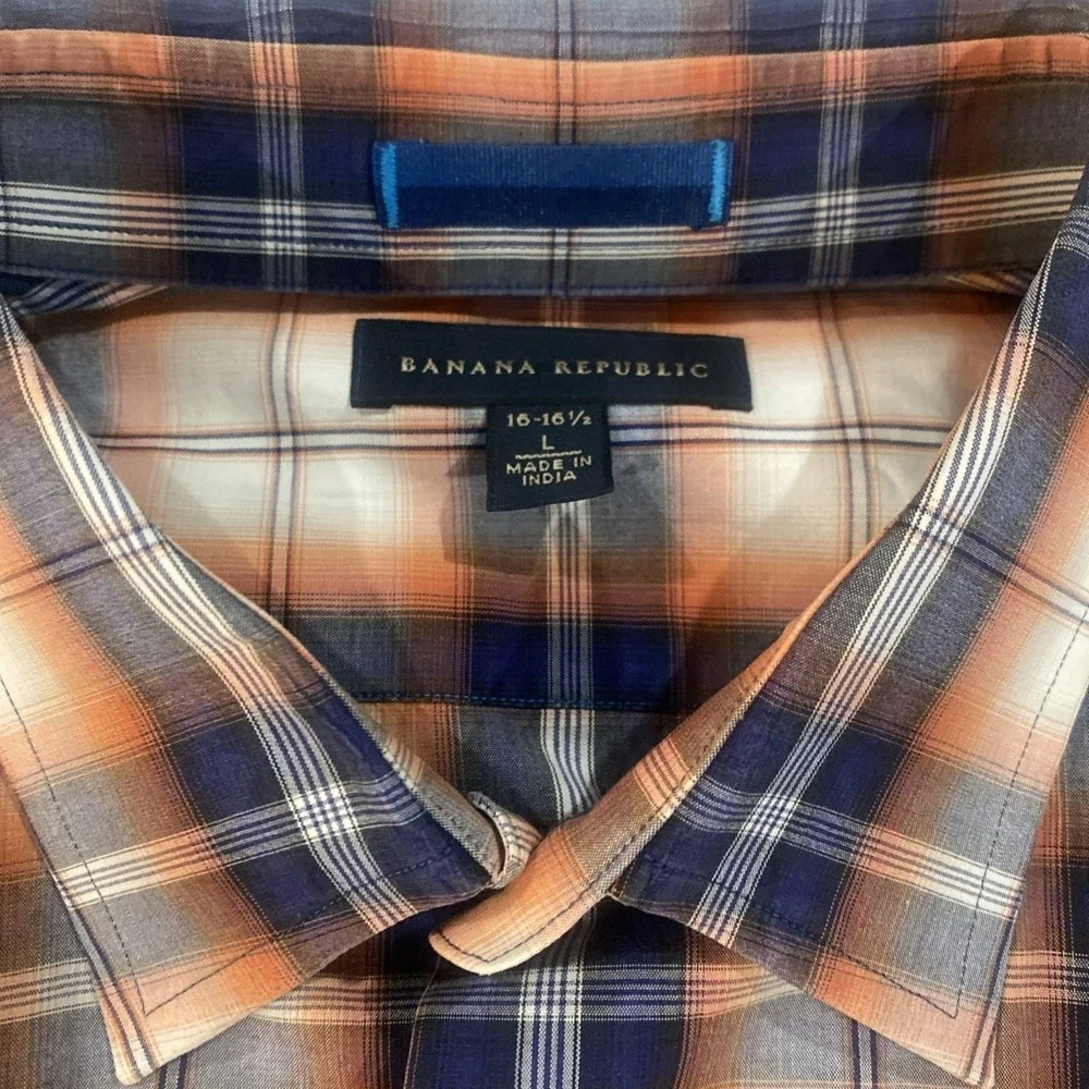 Banana Republic Mens Orange Navy Plaid Epaulette Button Down Shirt Large L